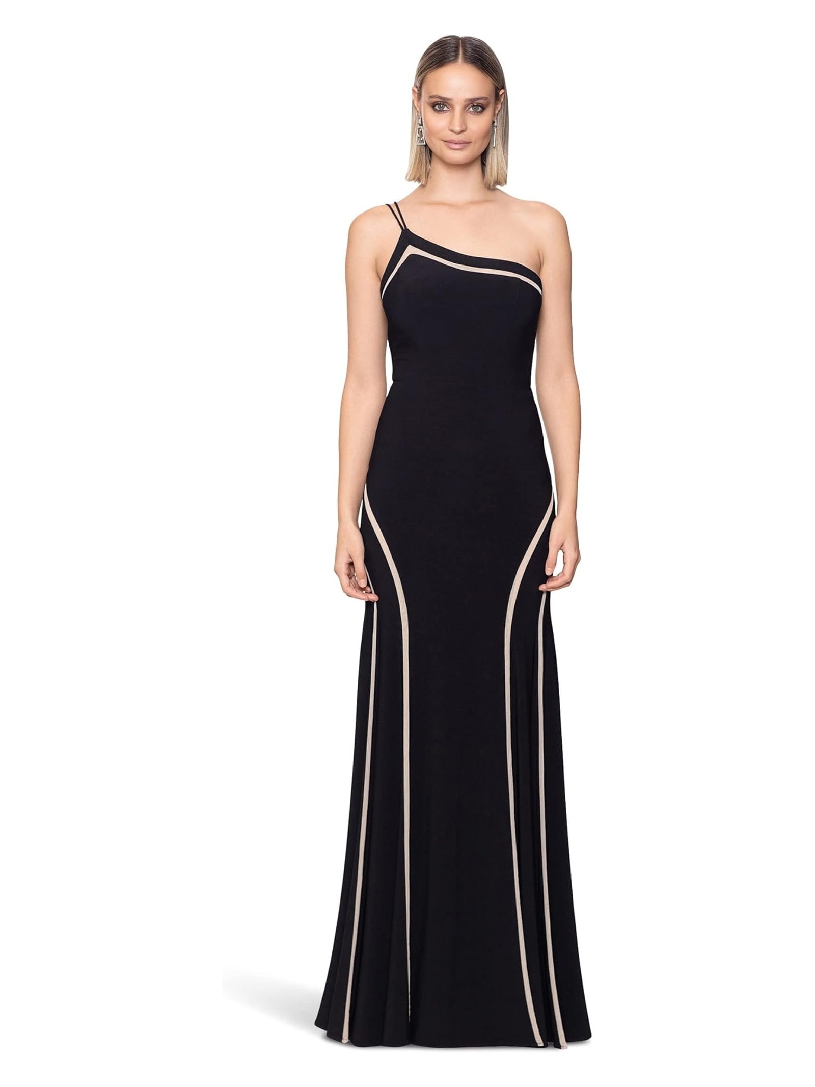 Nwt Xscape Black One Shoulder Mesh Inserts Form Fitting Maxi Dress Gown Size 6